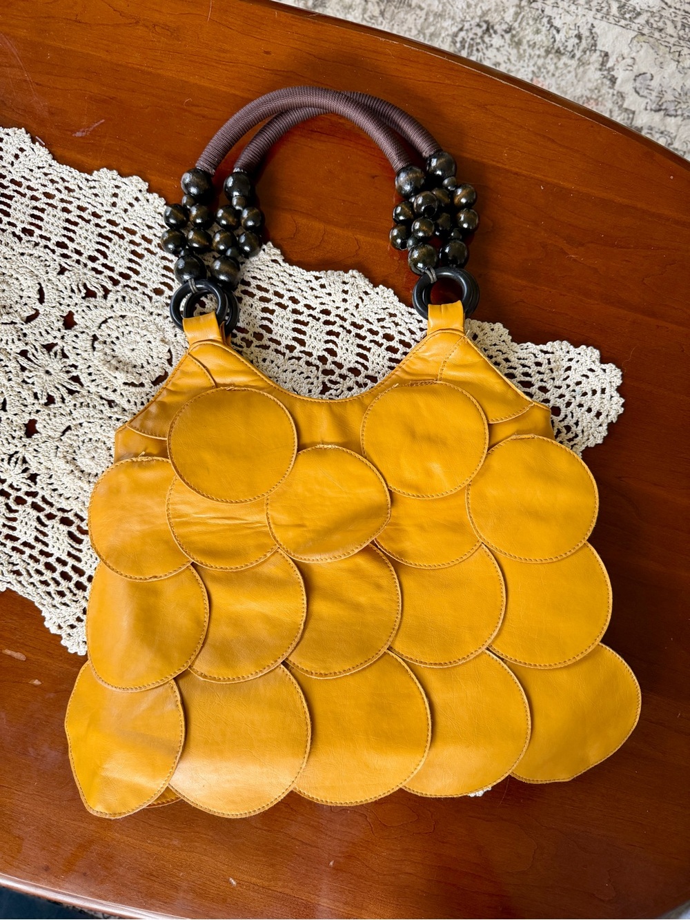 Othr Mustard Yellow Leather Circle-Panel Shoulder Bag with Beaded Handles